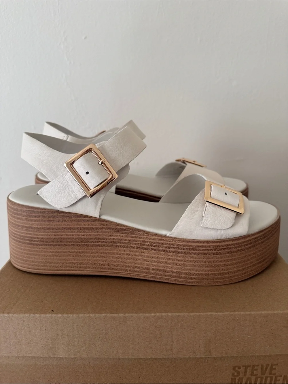 Steve Madden Cream Leather Platform Sandals with Gold Buckles
